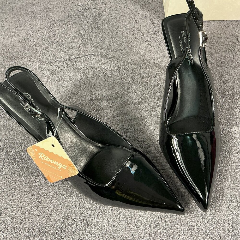 Ribongz Slingback Shoes Heels Womens Size 7.5 Black Patent Pointed Toe Stiletto